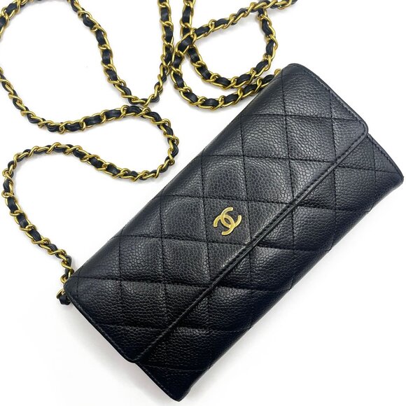 CHANEL CC Classic Caviar Flap Wallet Quilted Leather Chain Purse Black - Picture 3 of 14